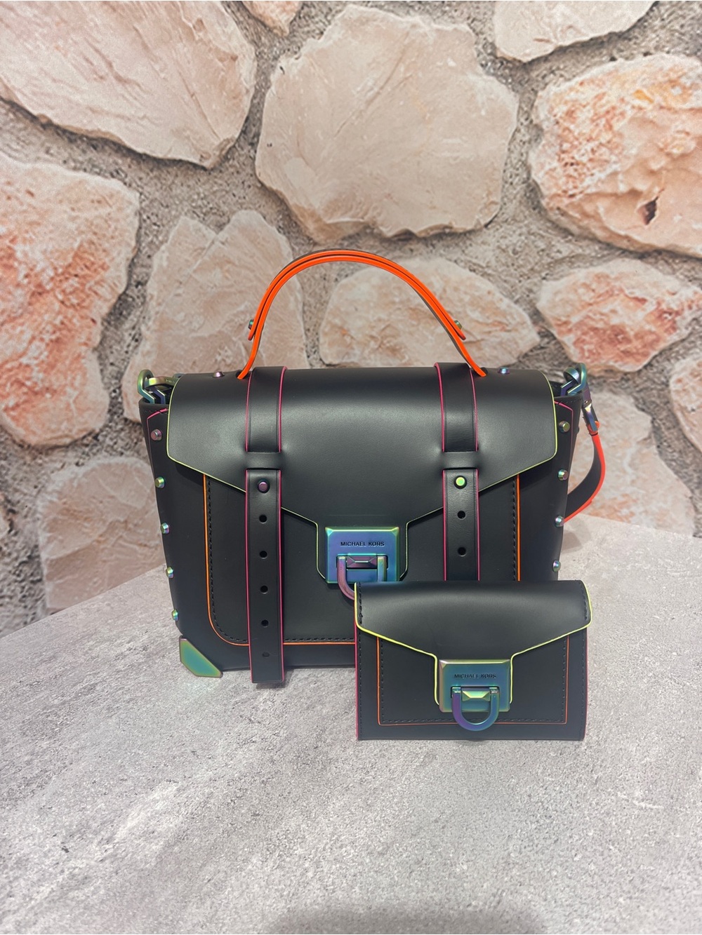 Michael Kors Medium Manhattan Satchel & Matching Wallet RARE Black Neon Contrast